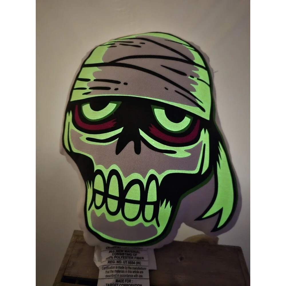 Hyde & Eek Glow in the Dark Mummy Skull Skeleton Shaped Throw Pillow Halloween